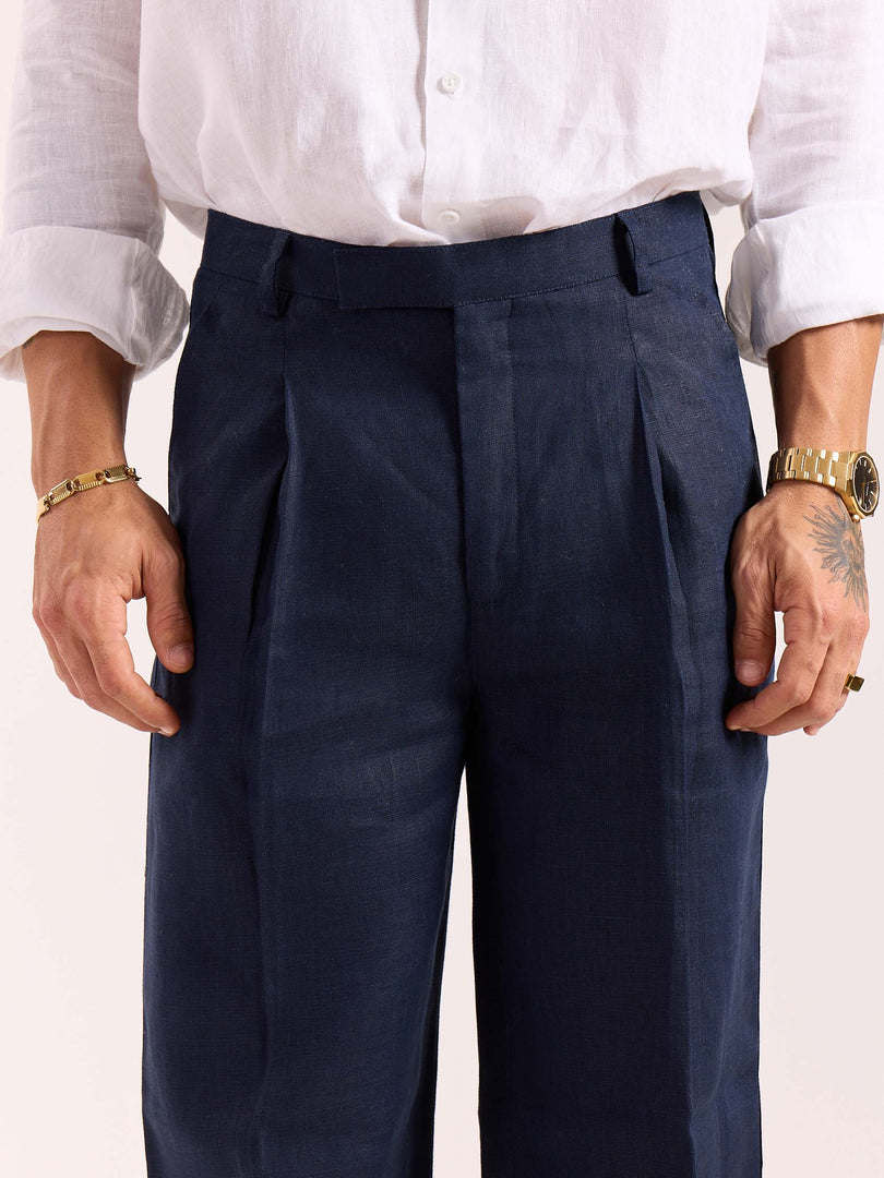 Navy Blue Linen Baggy Fit Trousers