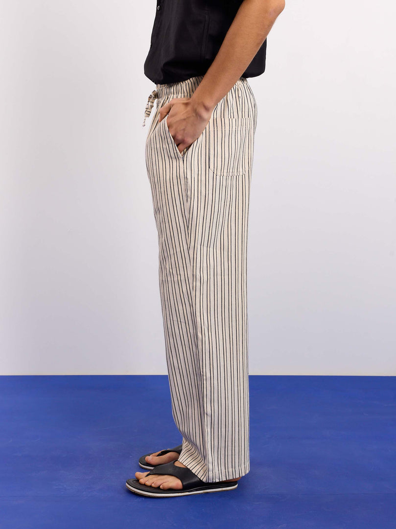 Cream Striped Textured Pull-on Pants