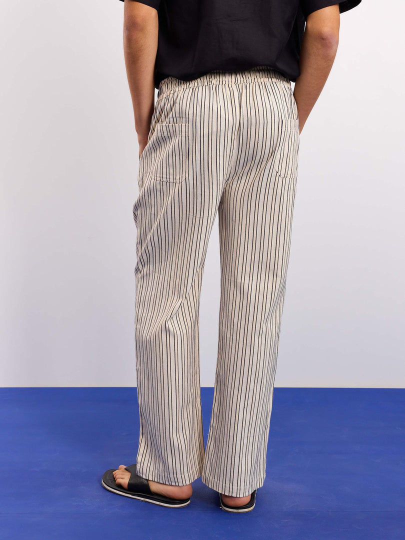 Cream Striped Textured Pull-on Pants