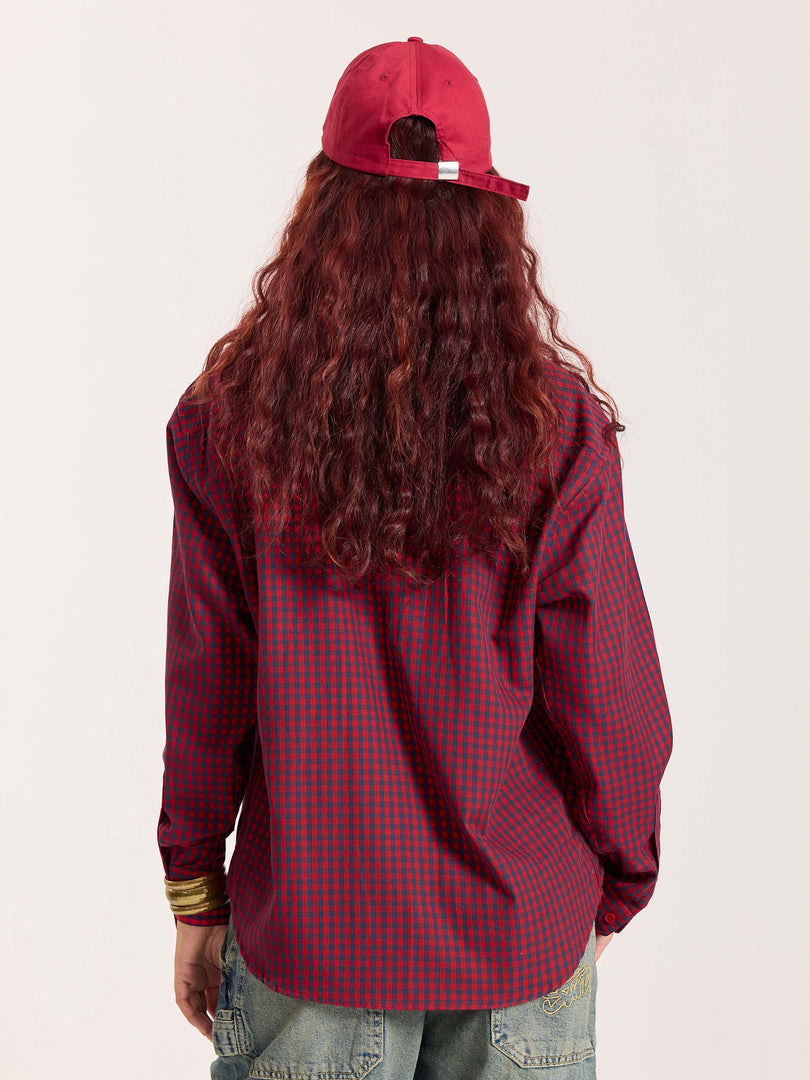 Red & Navy Checkered Oversized Cropped Shirt
