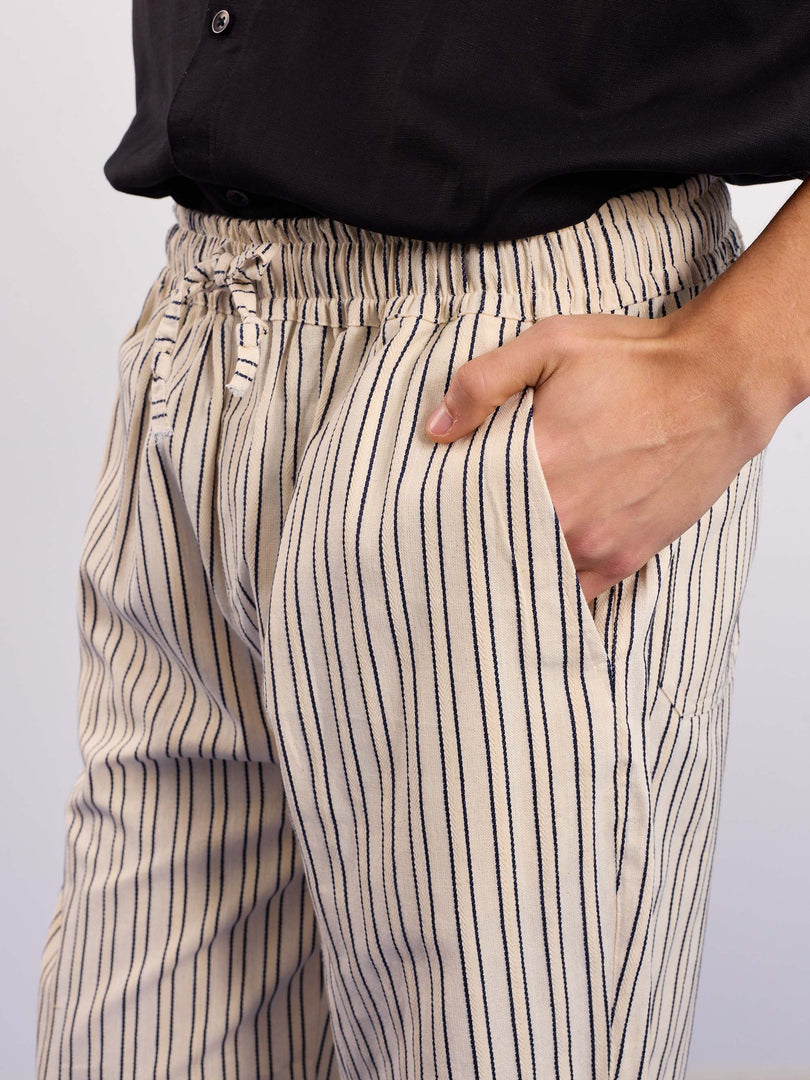 Cream Striped Textured Pull-on Pants
