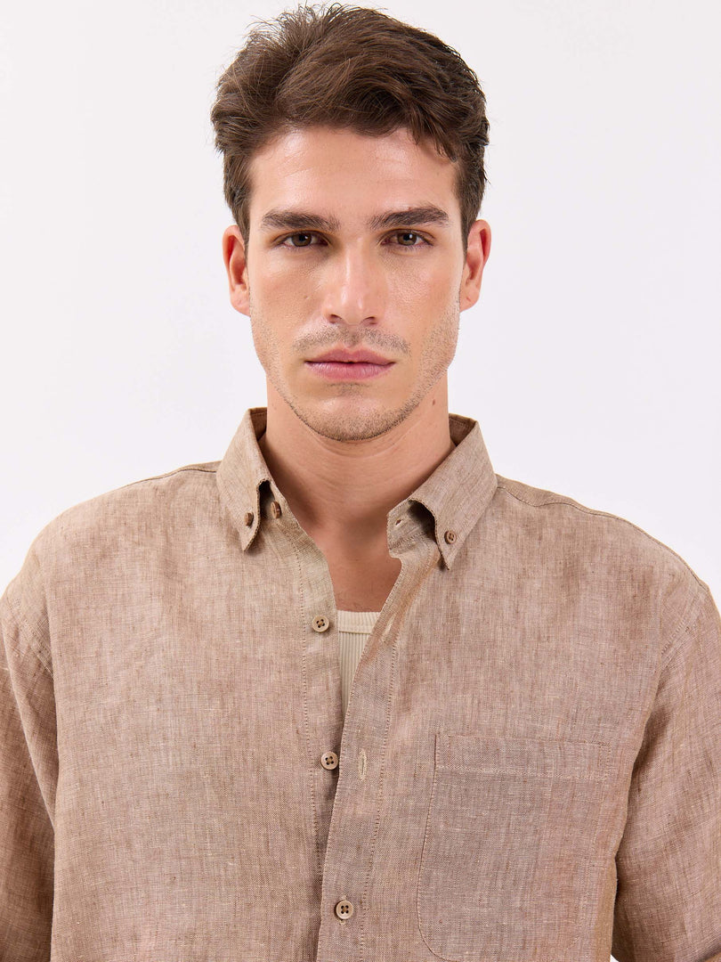 Brown Textured Irish Linen Shirt