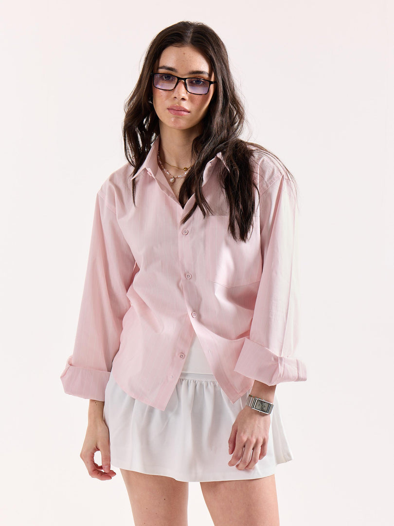 Very Light Pink Striped Poplin Oversized Shirt