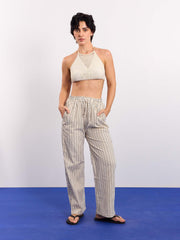 Cream Striped Textured Pull-on Pants
