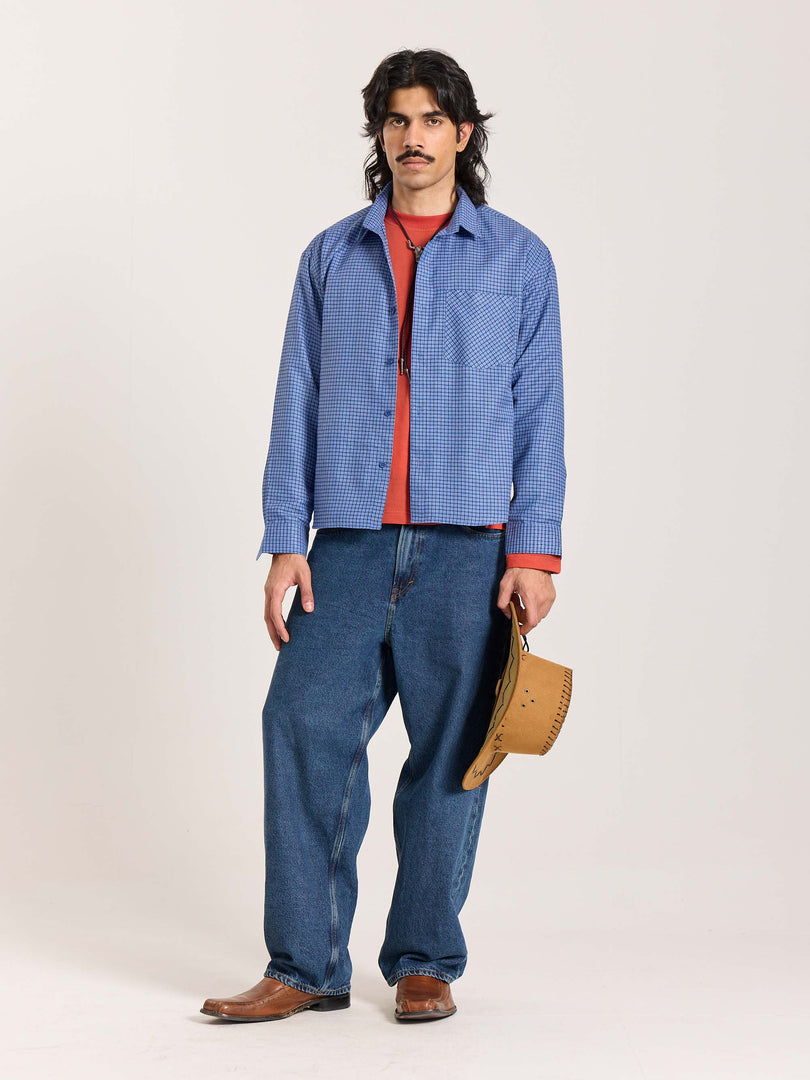 Blue Checkered Oversized Cropped Shirt