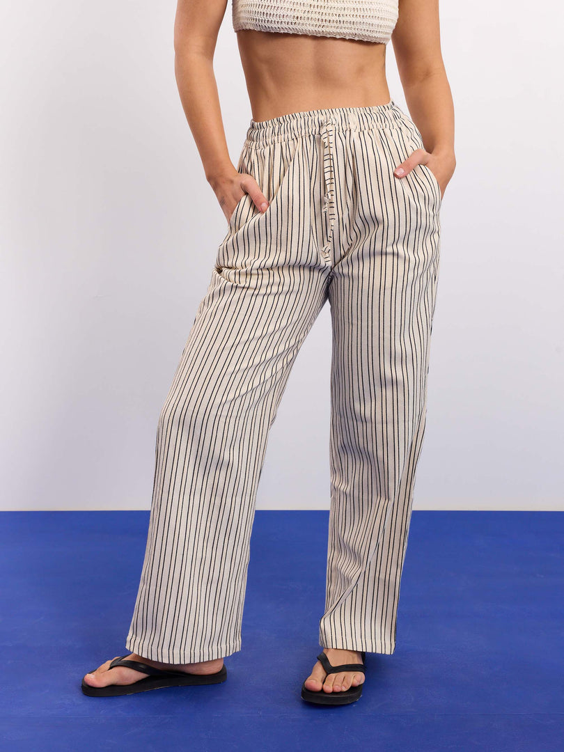 Cream Striped Textured Pull-on Pants