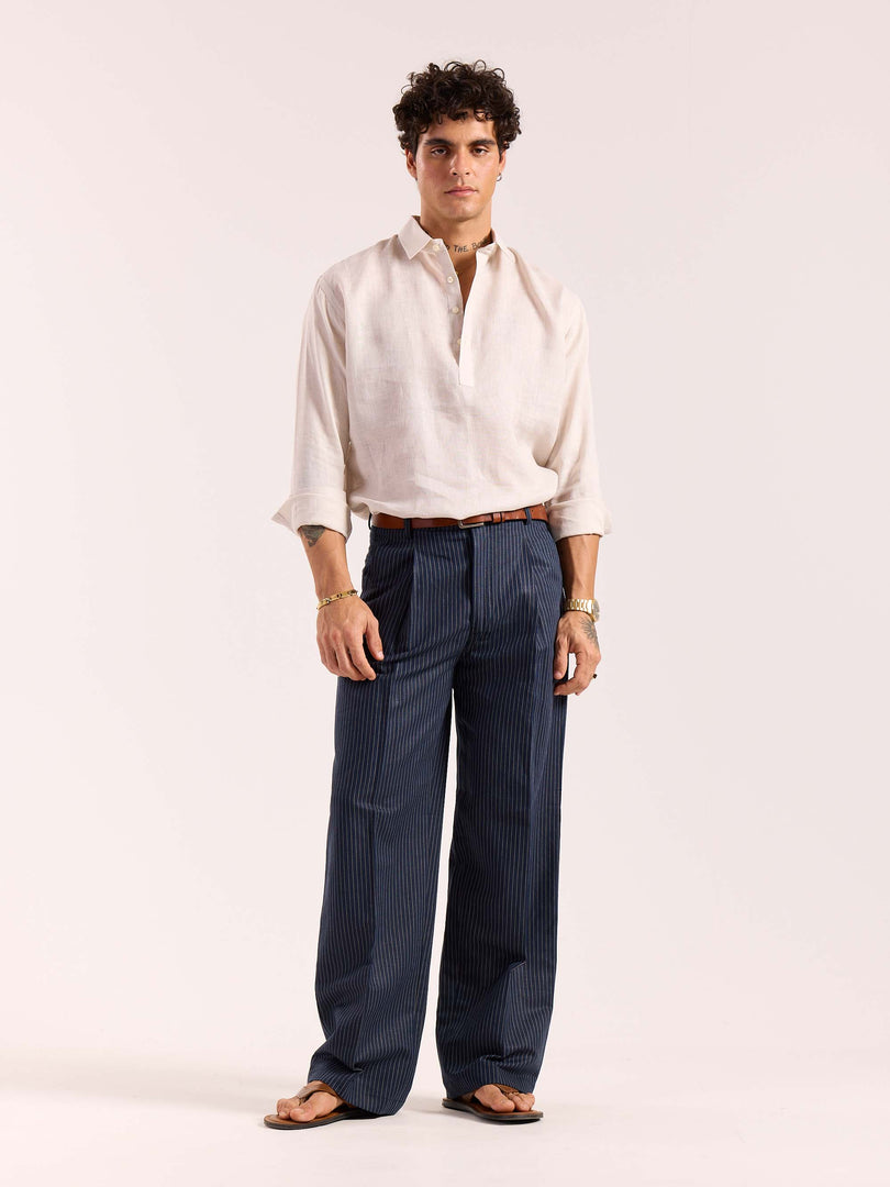 Navy Blue Pinstriped Linen Baggy Fit Trousers