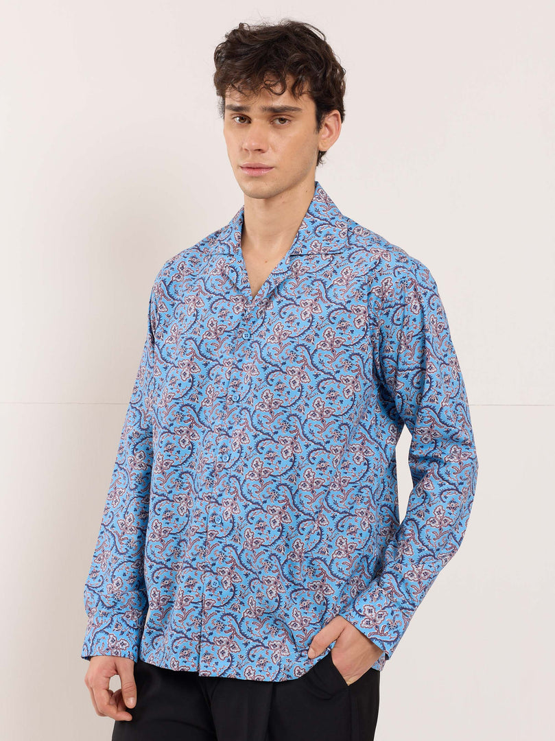 Blue Floral Vine Printed Resort Shirt