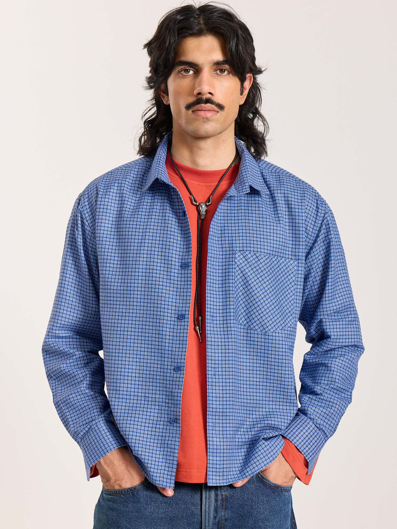 Blue Checkered Oversized Cropped Shirt