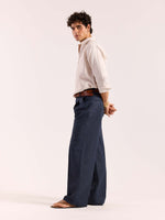Load image into Gallery viewer, Navy Blue Pinstriped Linen Baggy Fit Trousers