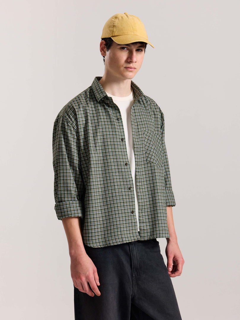 Olive Checkered Oversized Cropped Shirt