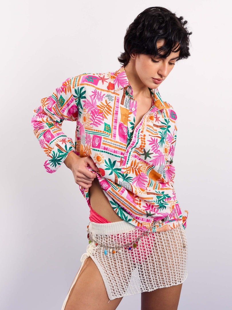 Orange Pink Tropical Linen Pullover