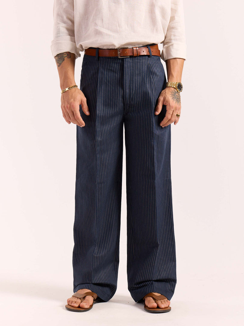 Navy Blue Pinstriped Linen Baggy Fit Trousers