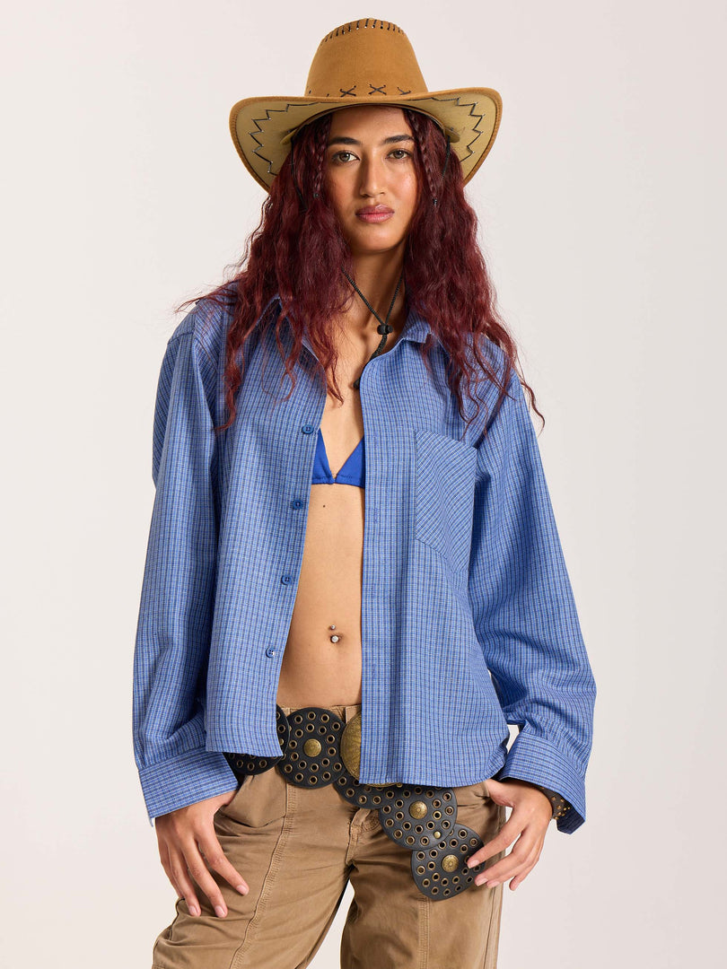 Blue Checkered Oversized Cropped Shirt