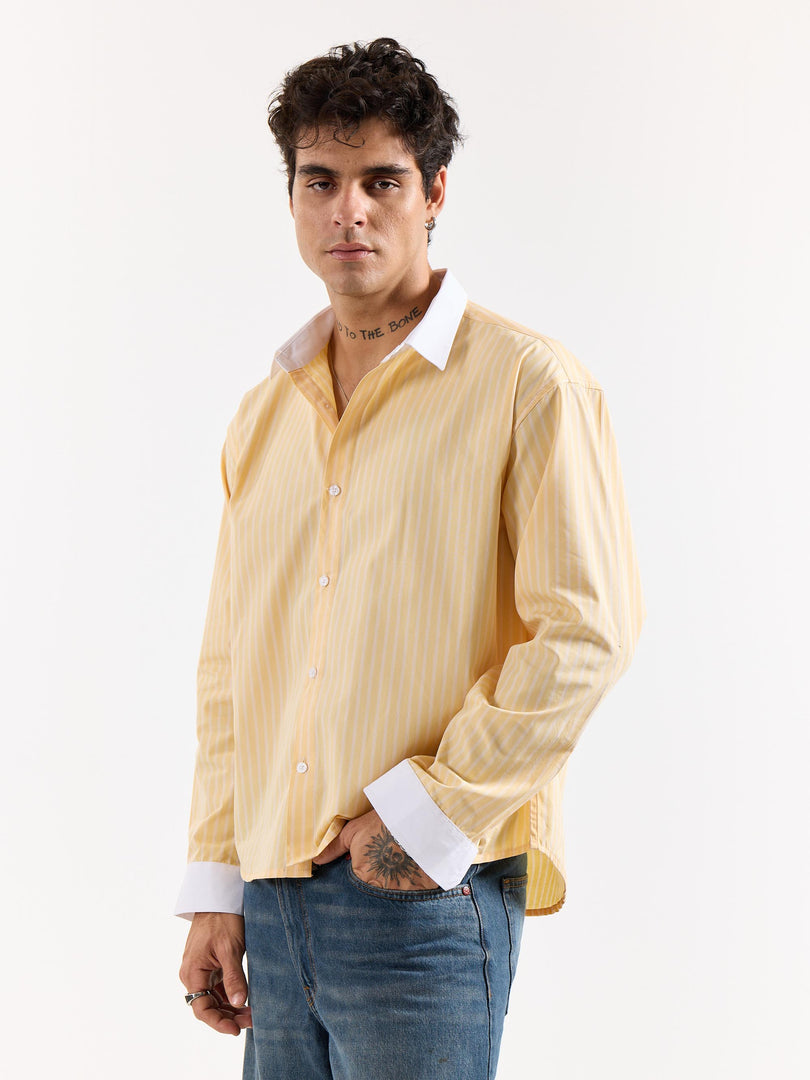 Light Yellow Striped Contrast Collar Oversized Shirt