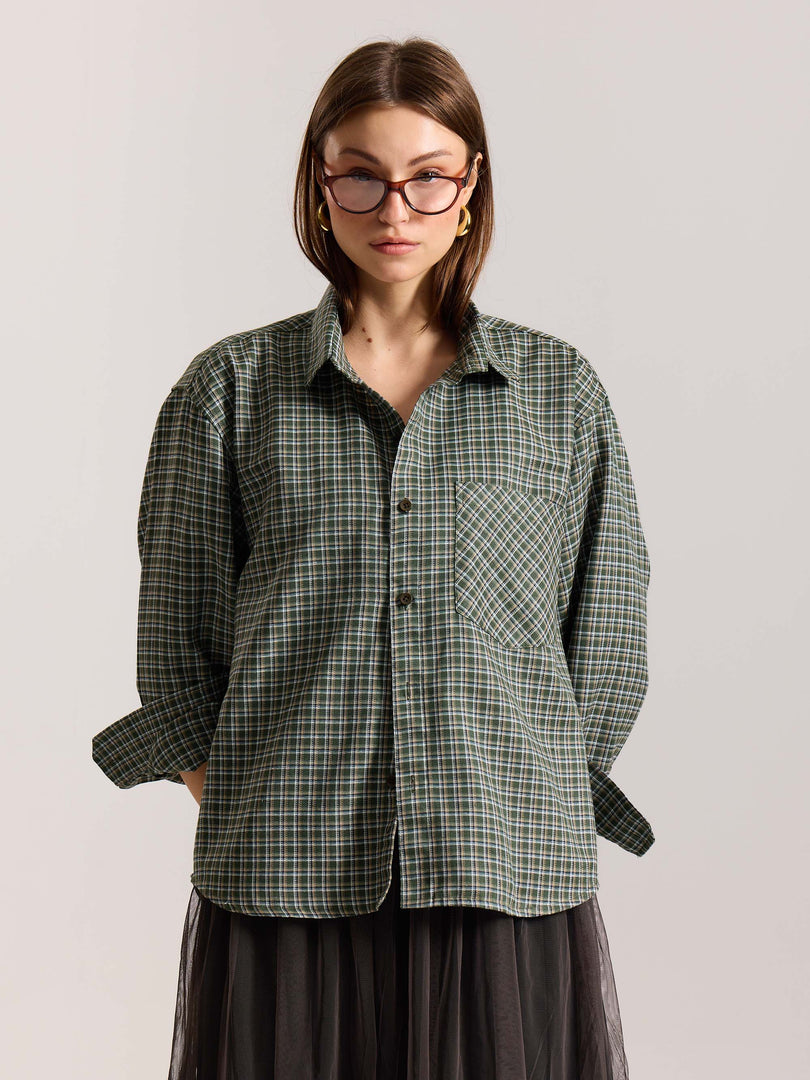 Olive Checkered Oversized Cropped Shirt
