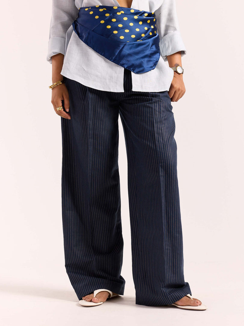 Navy Blue Pinstriped Linen Baggy Fit Trousers