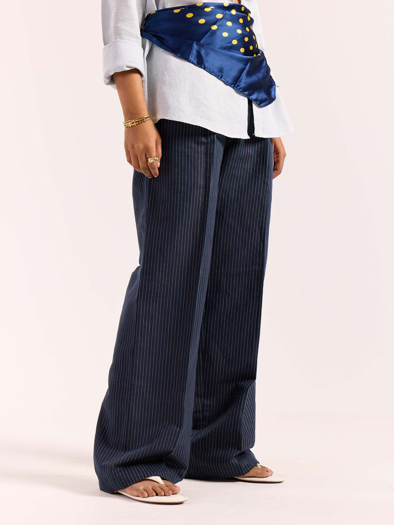Navy Blue Pinstriped Linen Baggy Fit Trousers