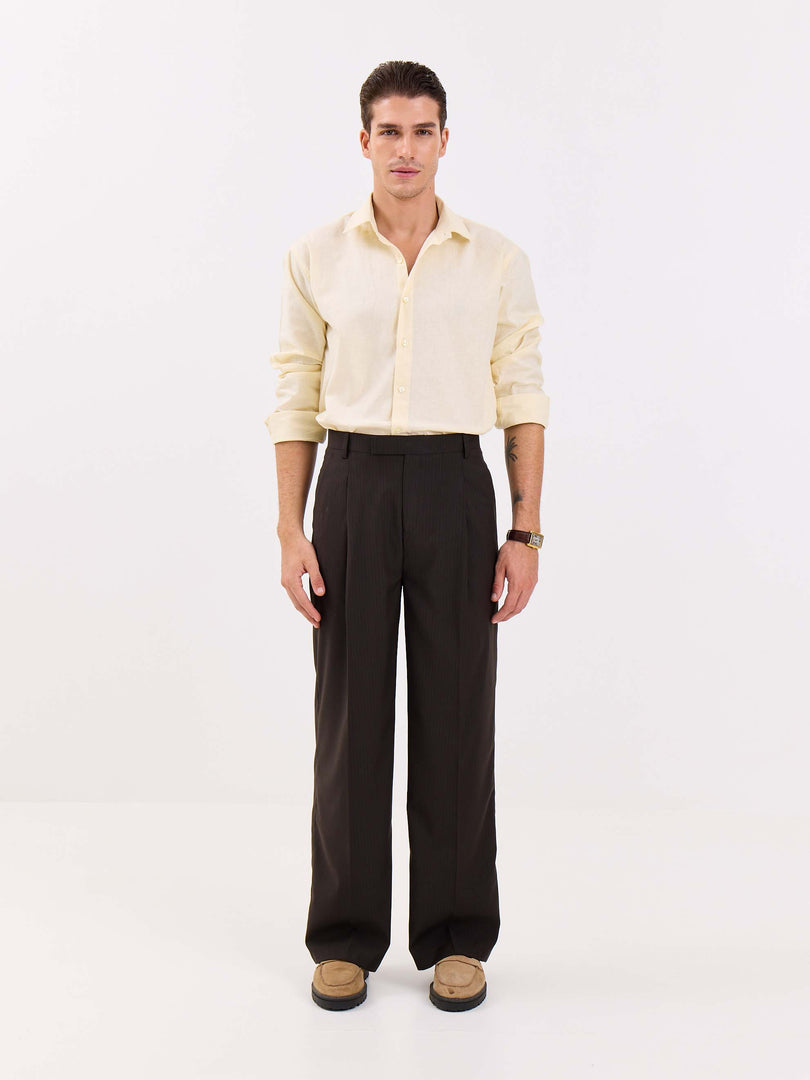 Dark Brown Pinstriped Baggy Fit Trousers