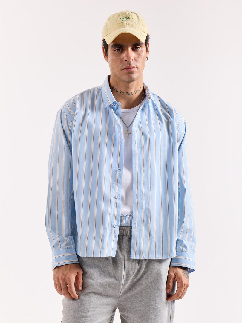 Baby Blue & White Striped Poplin Oversized Shirt