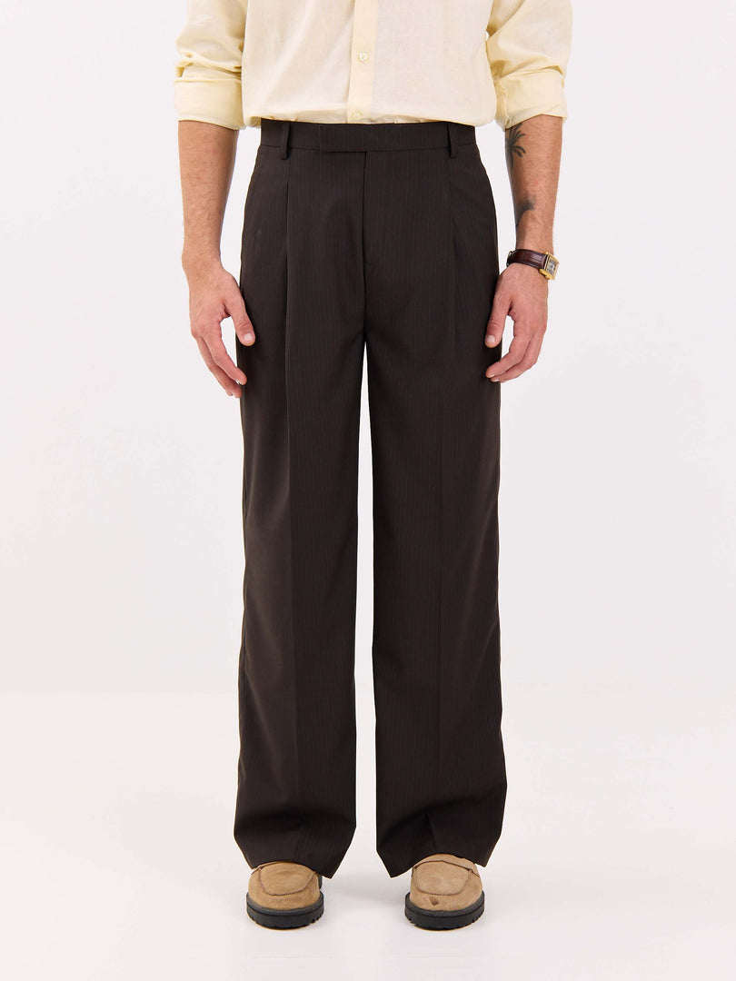 Dark Brown Pinstriped Baggy Fit Trousers