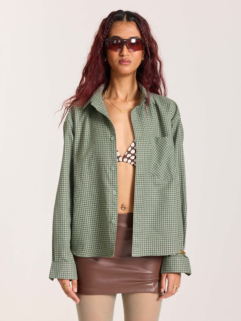 Green Checkered Oversized Cropped Shirt