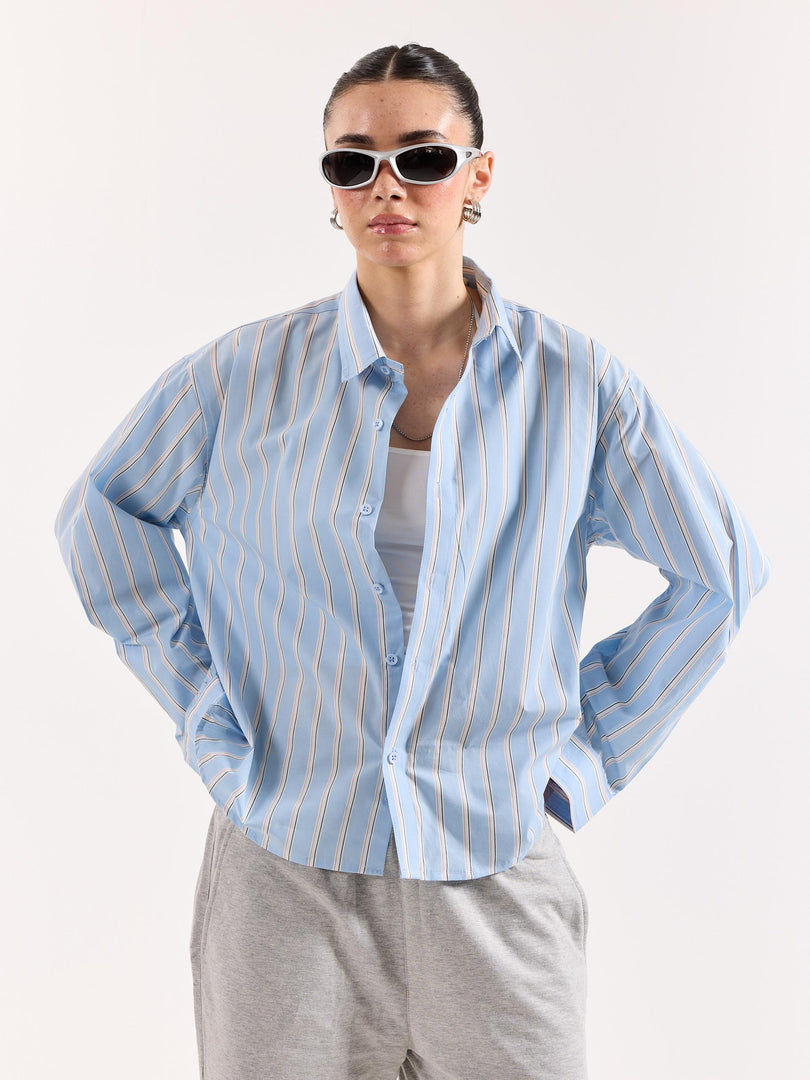 Baby Blue & White Striped Poplin Oversized Shirt