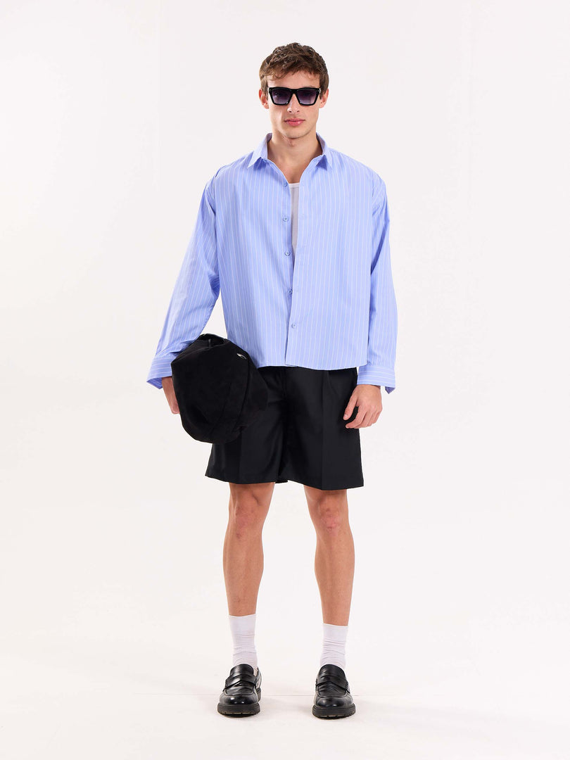 Blue Pinstripe Poplin Cropped Shirt ( Pre-Order )