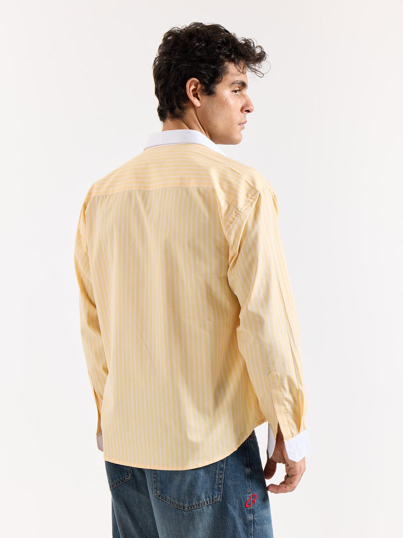 Light Yellow Striped Contrast Collar Oversized Shirt