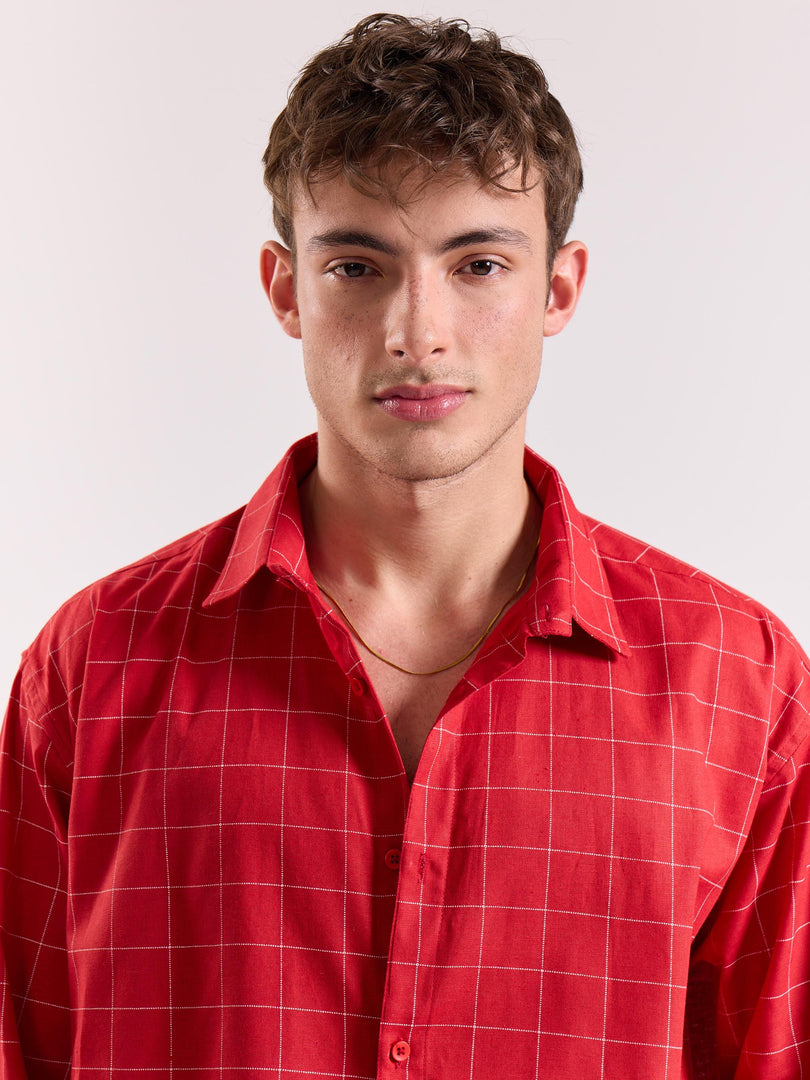 Red Checkered Linen Cropped Shirt ( Pre-Order )