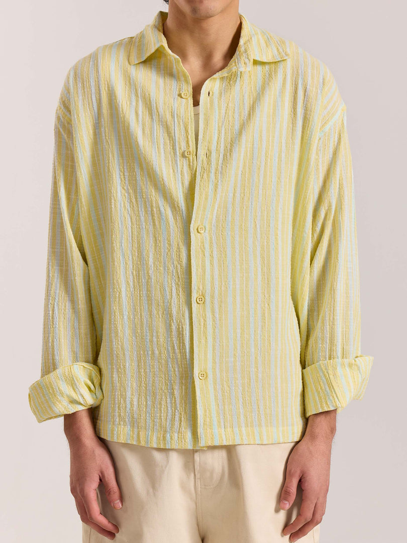 Butter Yellow & Blue Striped Seersucker Shirt
