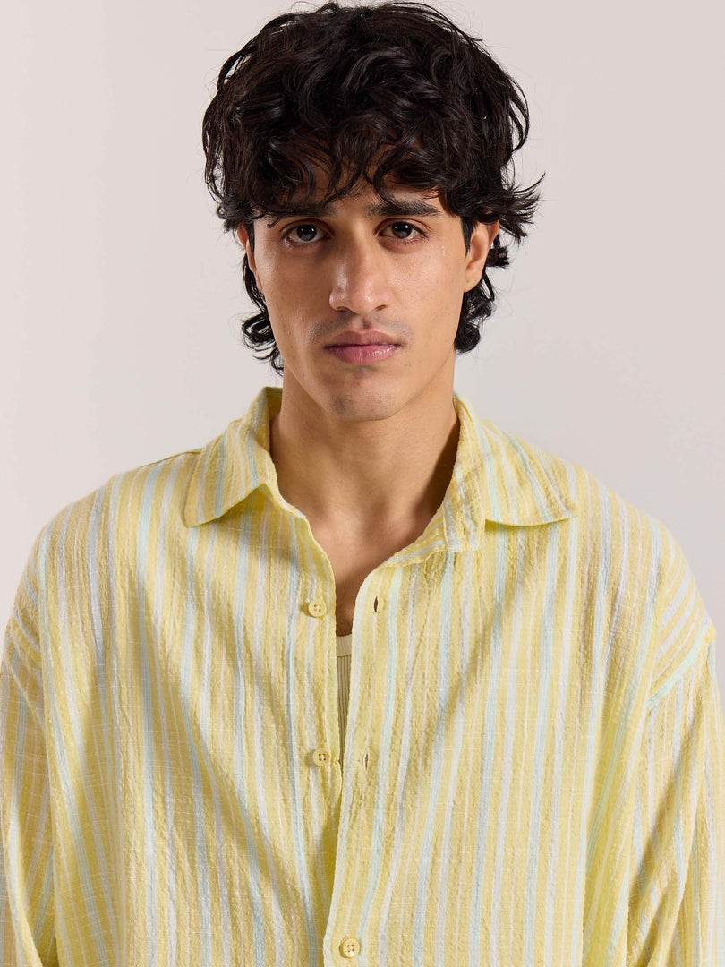 Butter Yellow & Blue Striped Seersucker Shirt