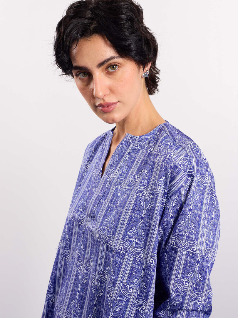 Blue Patterned Satin Pullover