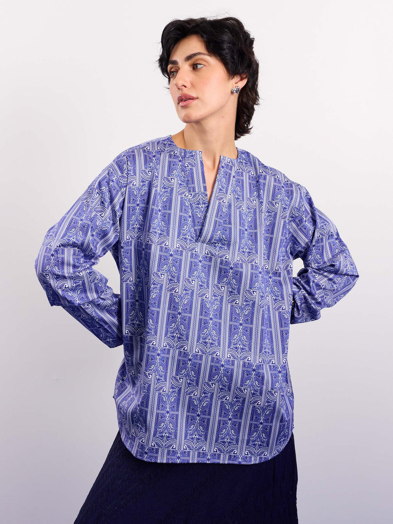 Blue Patterned Satin Pullover