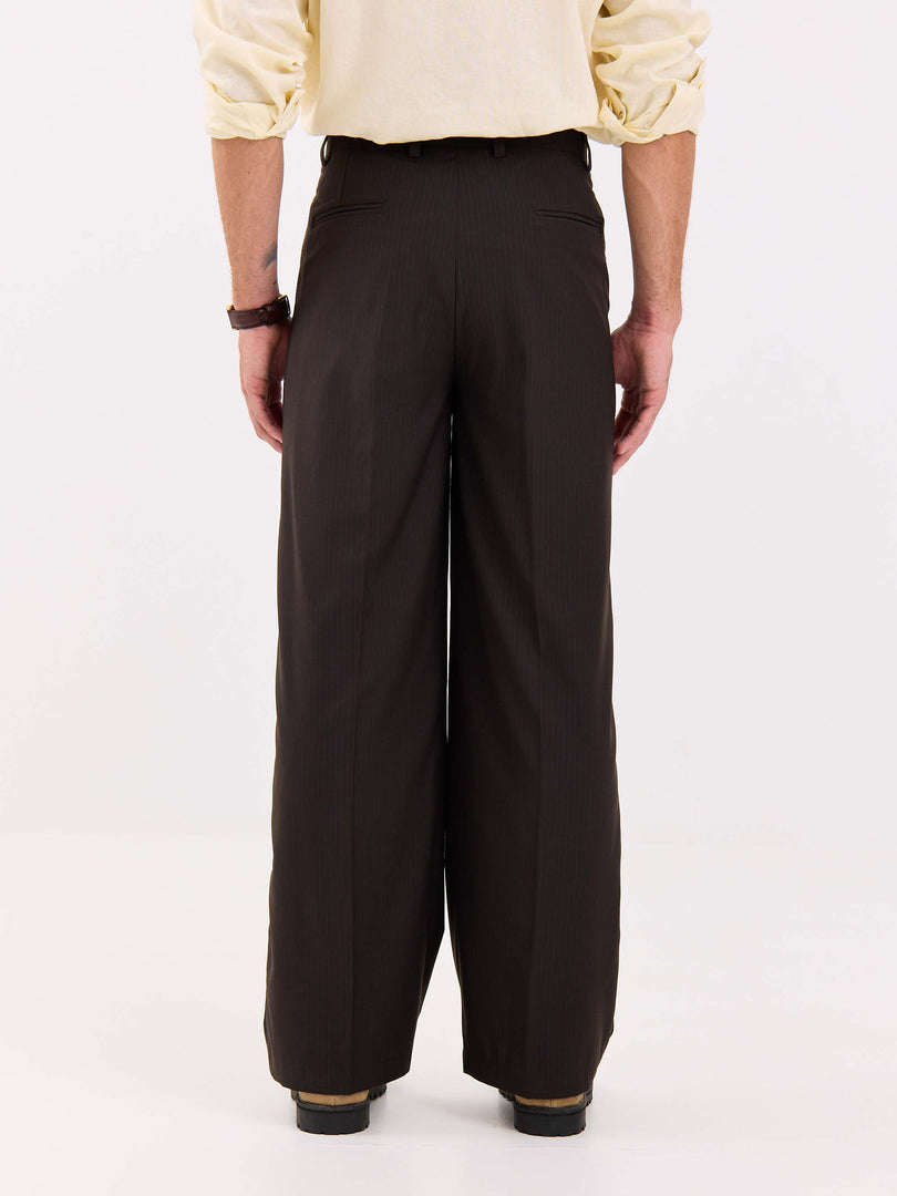 Dark Brown Pinstriped Baggy Fit Trousers