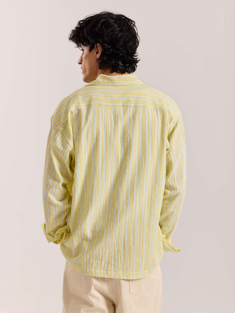 Butter Yellow & Blue Striped Seersucker Shirt
