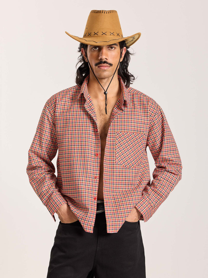 Red & Black Checkered Oversized Cropped Shirt