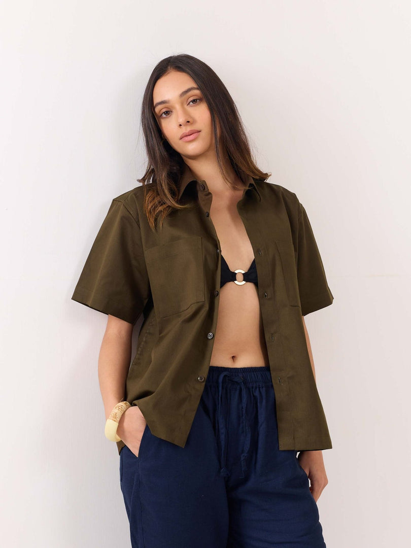 Brown Twill Cropped Shirt