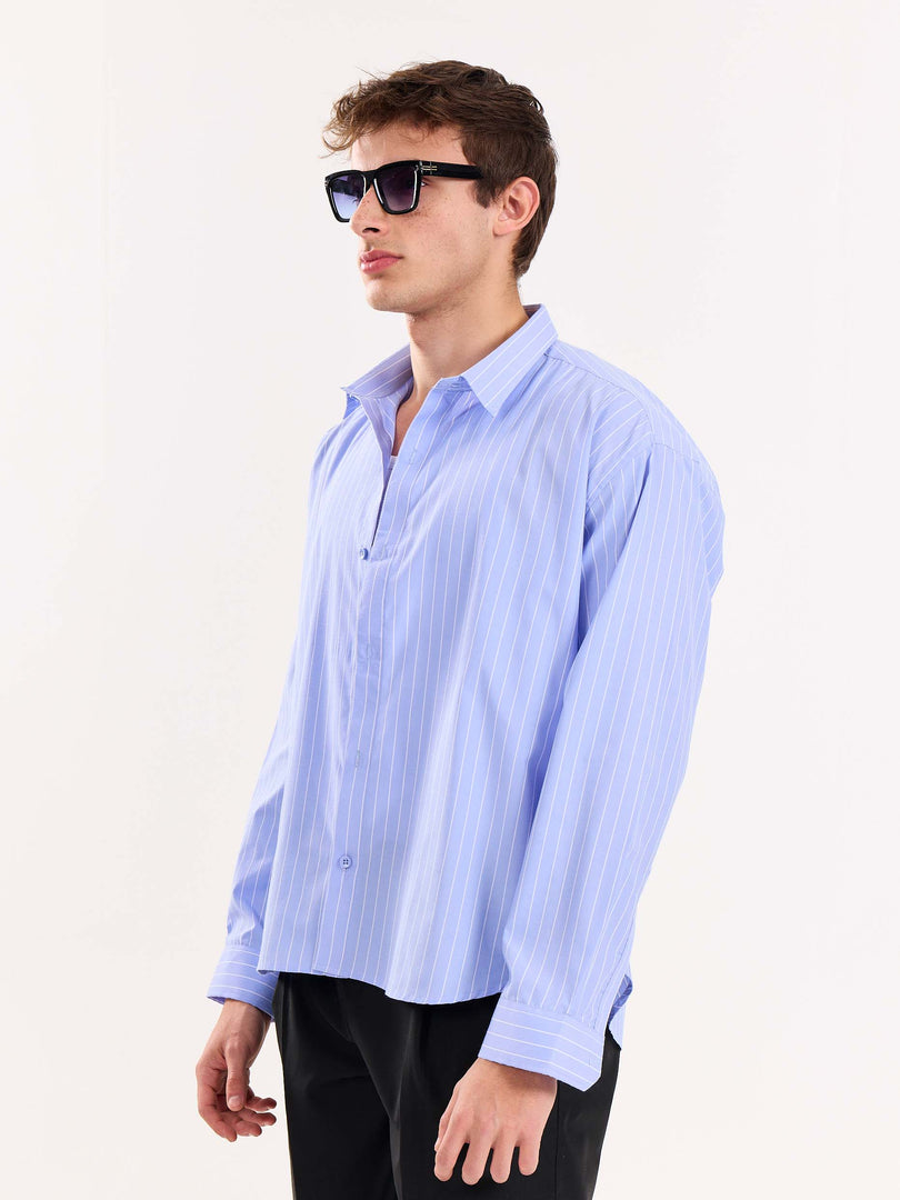 Blue Pinstripe Poplin Cropped Shirt ( Pre-Order )