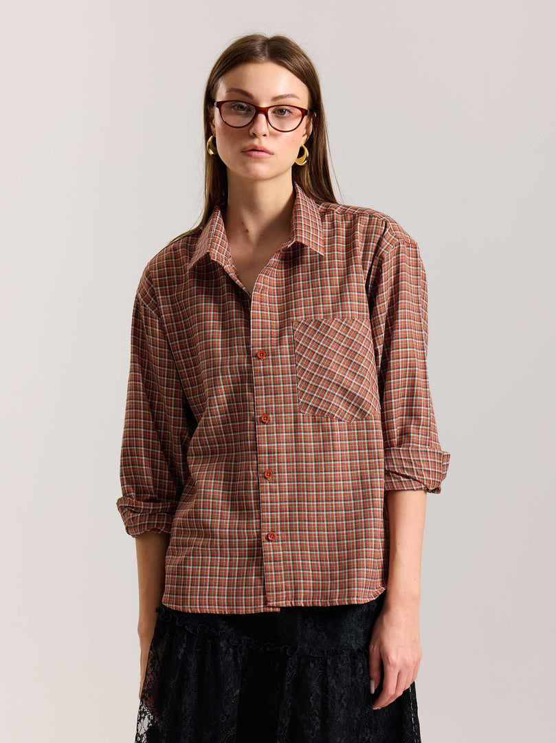 Rust Orange Checkered Oversized Cropped Shirt
