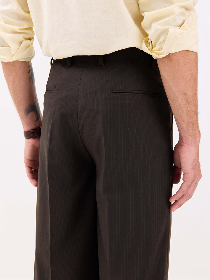 Dark Brown Pinstriped Baggy Fit Trousers