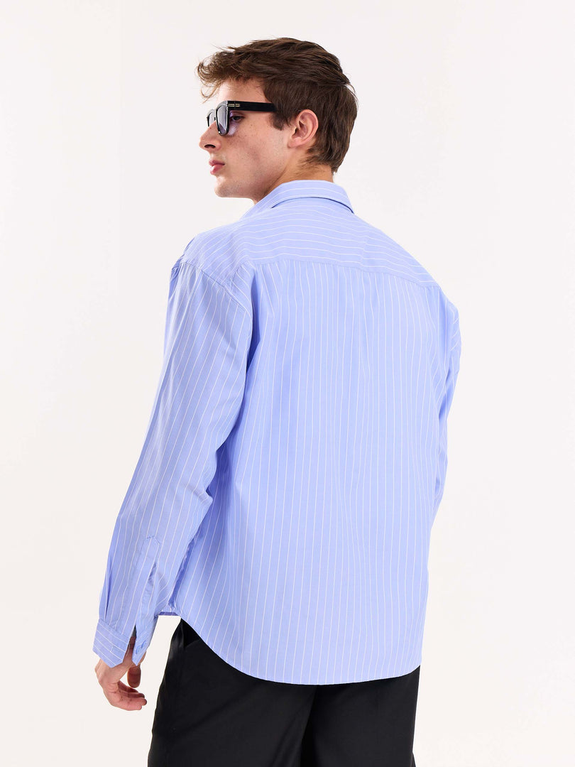 Blue Pinstripe Poplin Cropped Shirt ( Pre-Order )