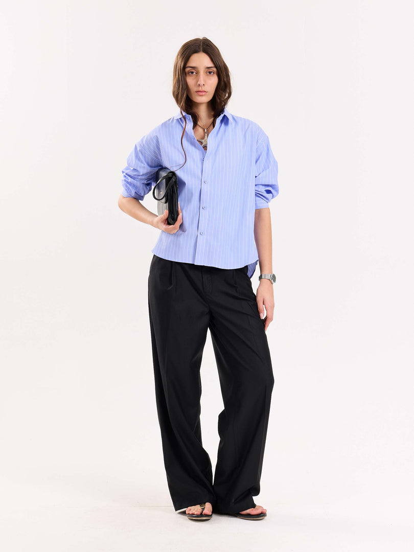 Blue Pinstripe Poplin Cropped Shirt ( Pre-Order )