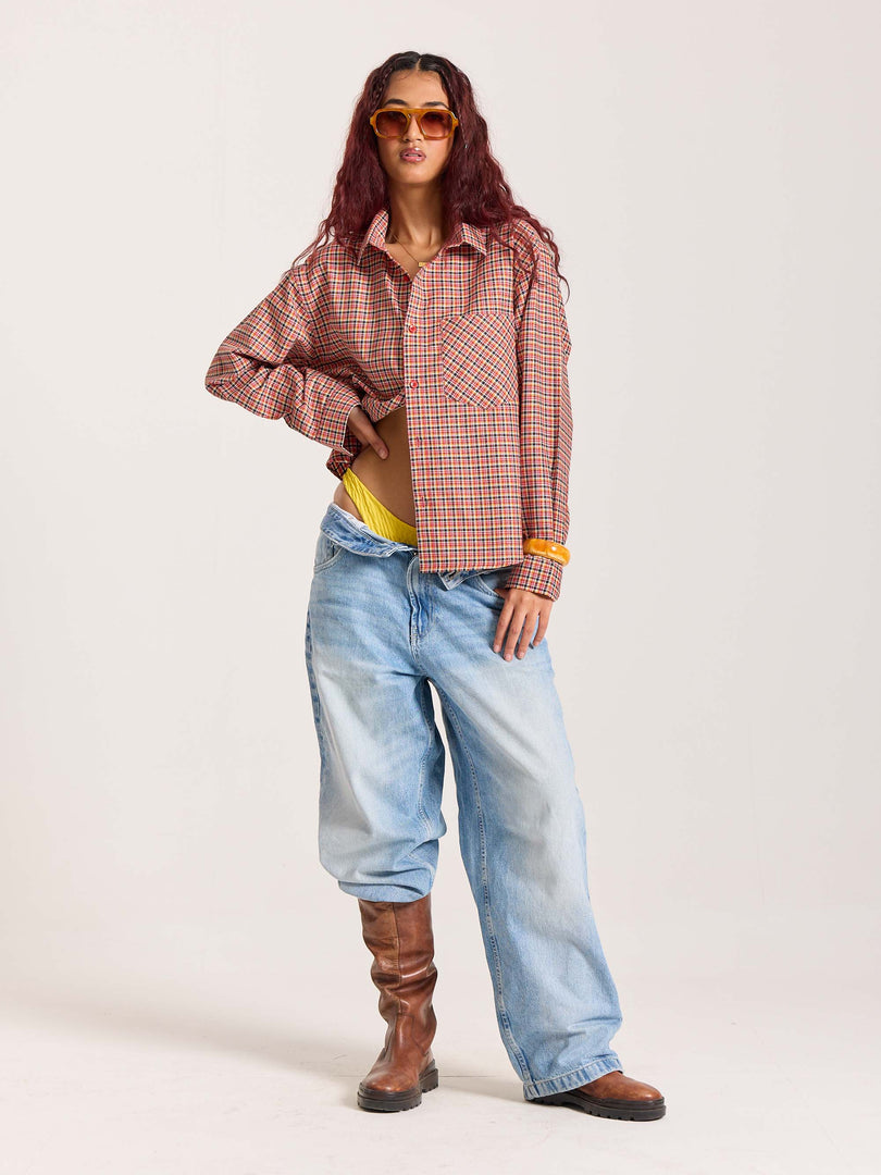 Red & Black Checkered Oversized Cropped Shirt