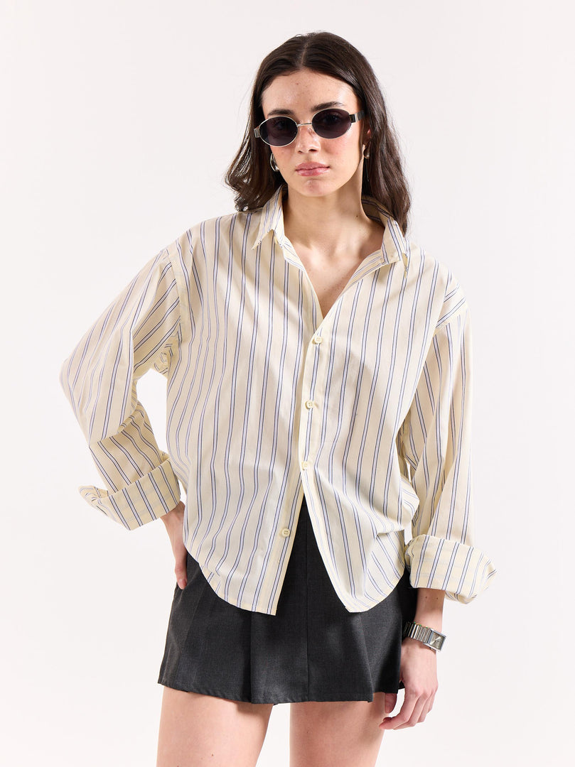 Powder Yellow Striped Poplin Oversized Shirt