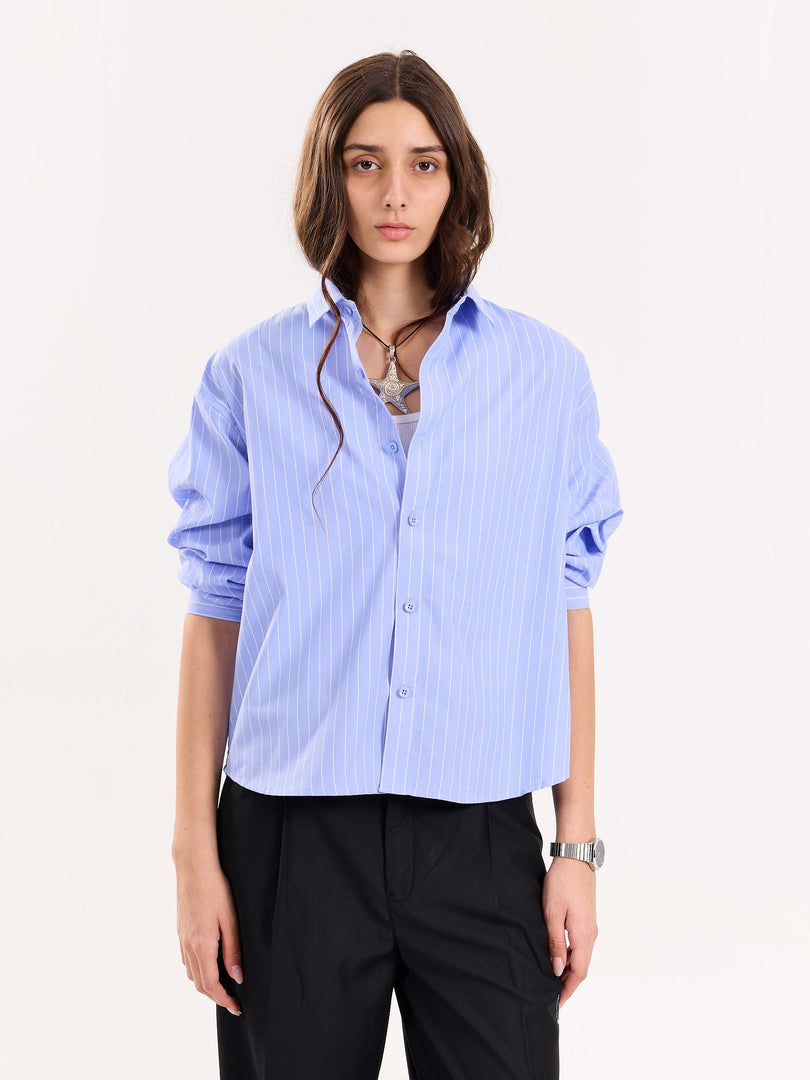 Blue Pinstripe Poplin Cropped Shirt ( Pre-Order )