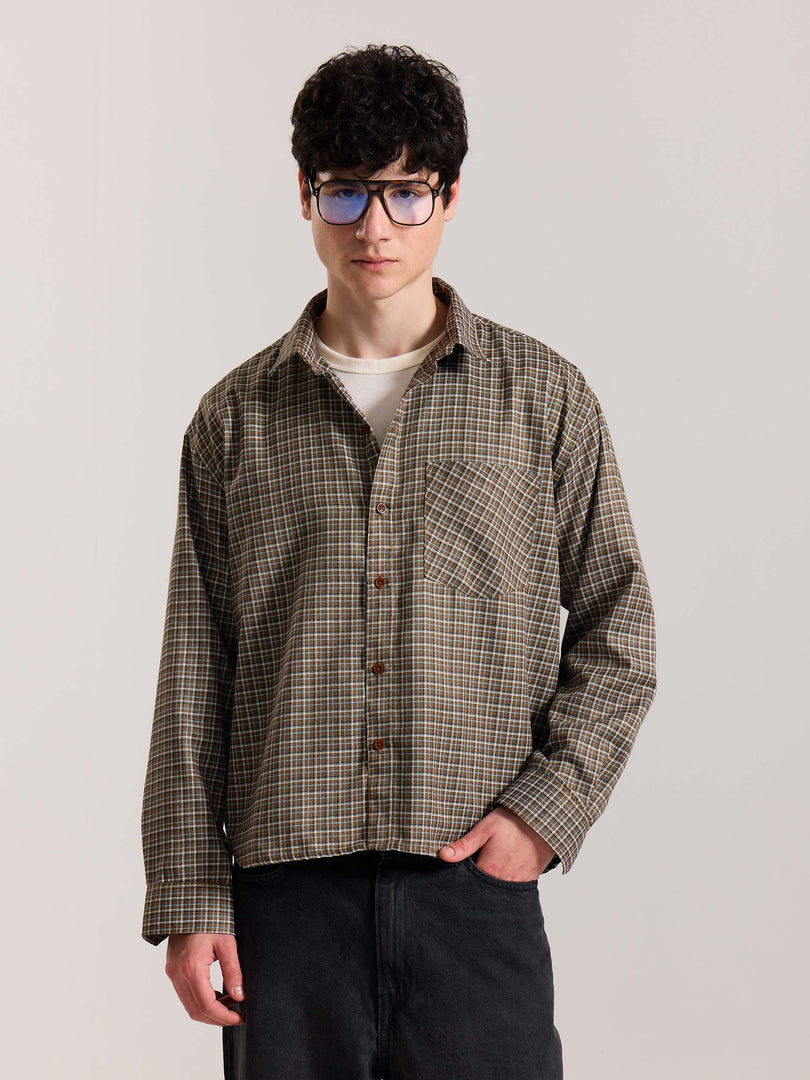 Brown Checkered Oversized Cropped Shirt