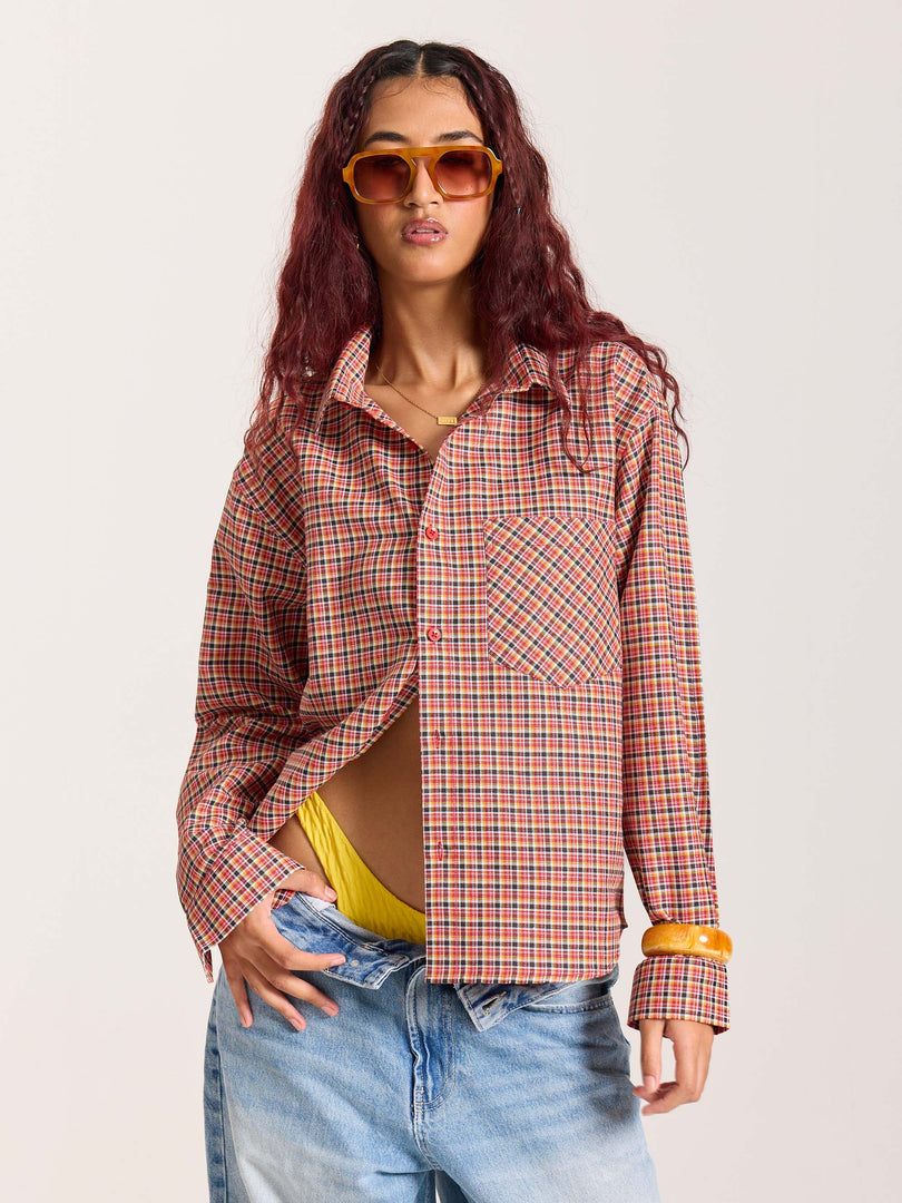 Red & Black Checkered Oversized Cropped Shirt