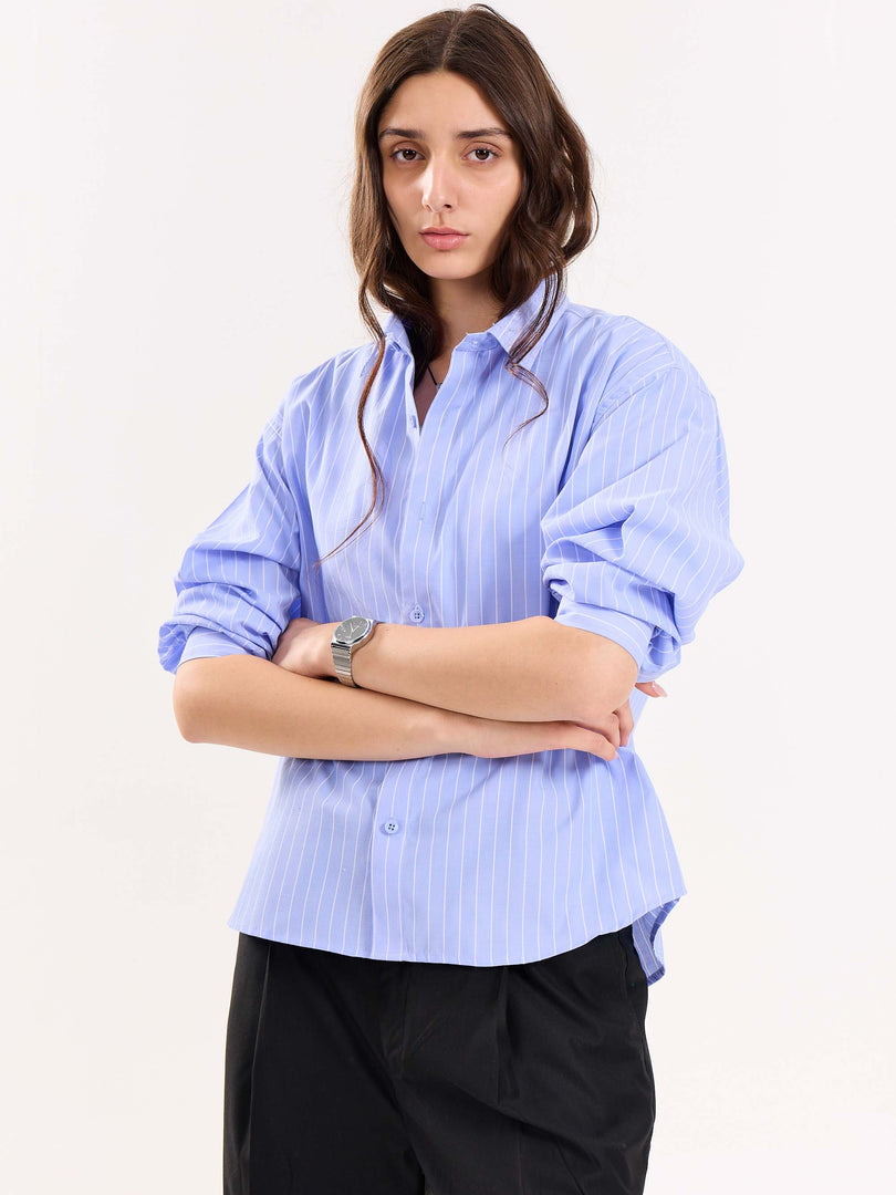 Blue Pinstripe Poplin Cropped Shirt ( Pre-Order )