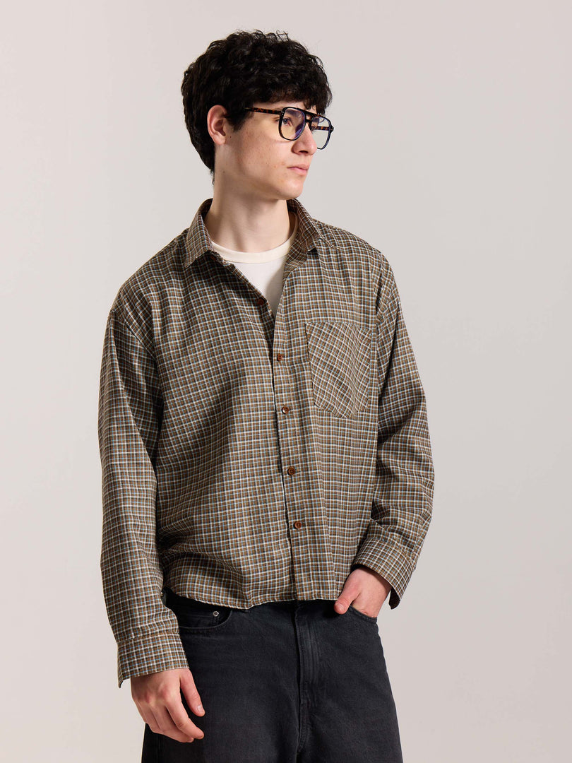 Brown Checkered Oversized Cropped Shirt